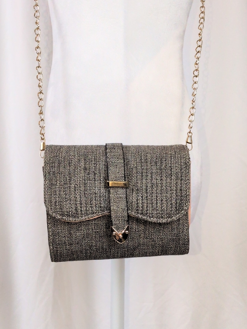 Grey Textured Tweed Crossbody Bag • Gold Chain Strap Mini Purse